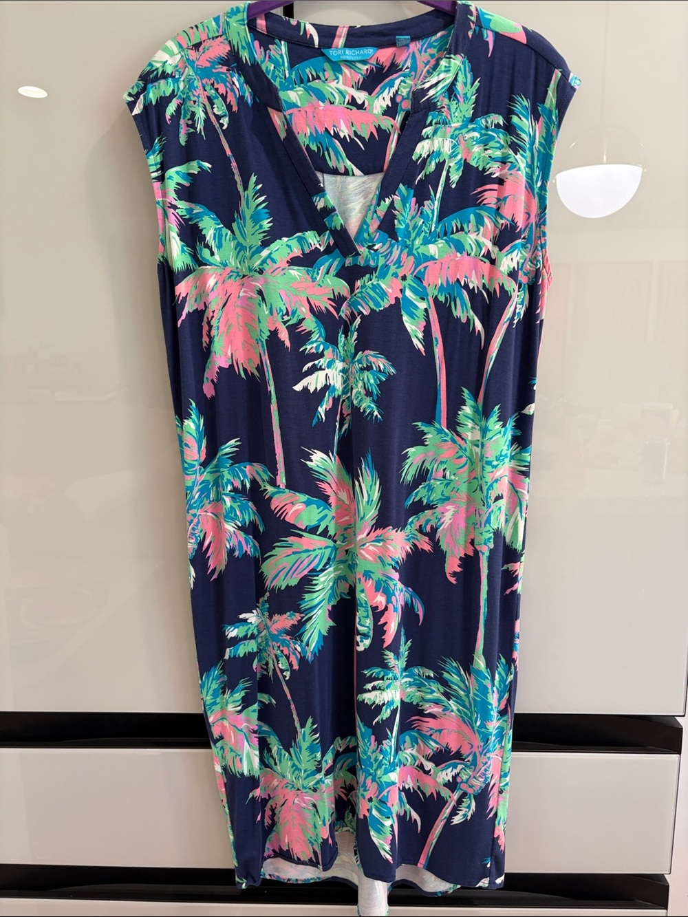 Tori Richard Navy Dress with Pink & Green Palm Print